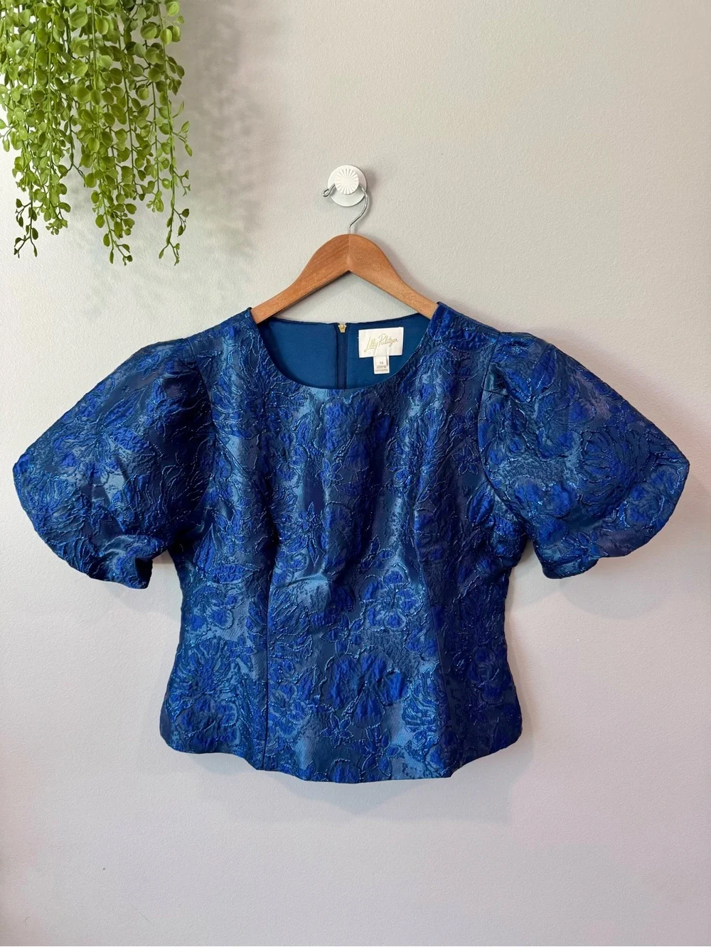 Lilly Pulitzer Royal Blue Brocade Puff-Sleeve Top Sz 14